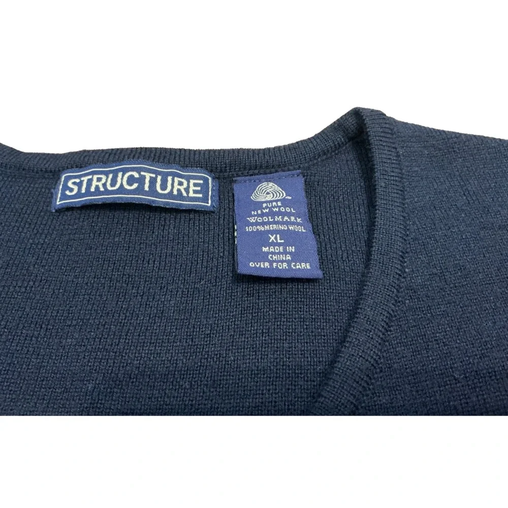 STRUCTURE 100% Merano Wool Sweater Vest Sz XL Navy Blue Classic Preppy 80 90s